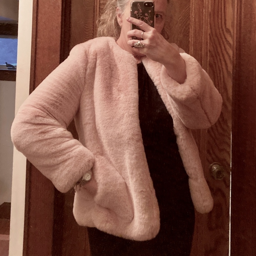 Hi Barbie!!  Posh and fun. Glam it up. Light pink softest faux fur!! Gap new.